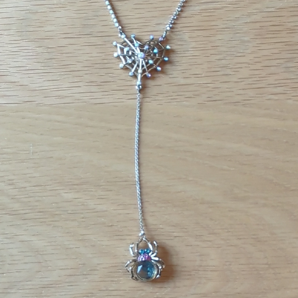 Betsey Johnson Silver and Blue Spider Necklace